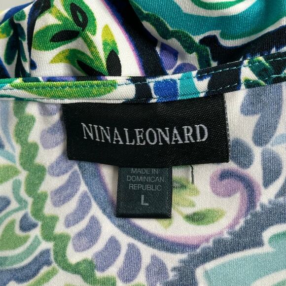 NWT Nina Leonard Green Multi Print Surplice Wide Leg Crop Jumpsuit Womens Large - Picture 9 of 12
